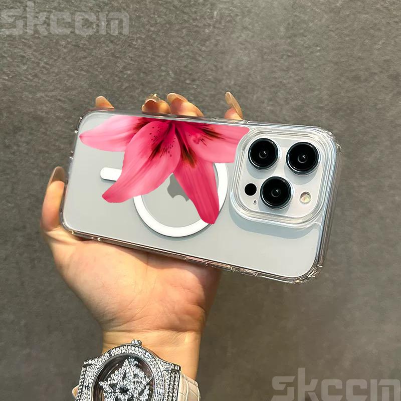 Realistic Lily Flower Print Clear Phone Case For iPhone 16E 16 15 14 13 12 11 Pro Max Plus XS XR Magnetic Wireless Charge Cover