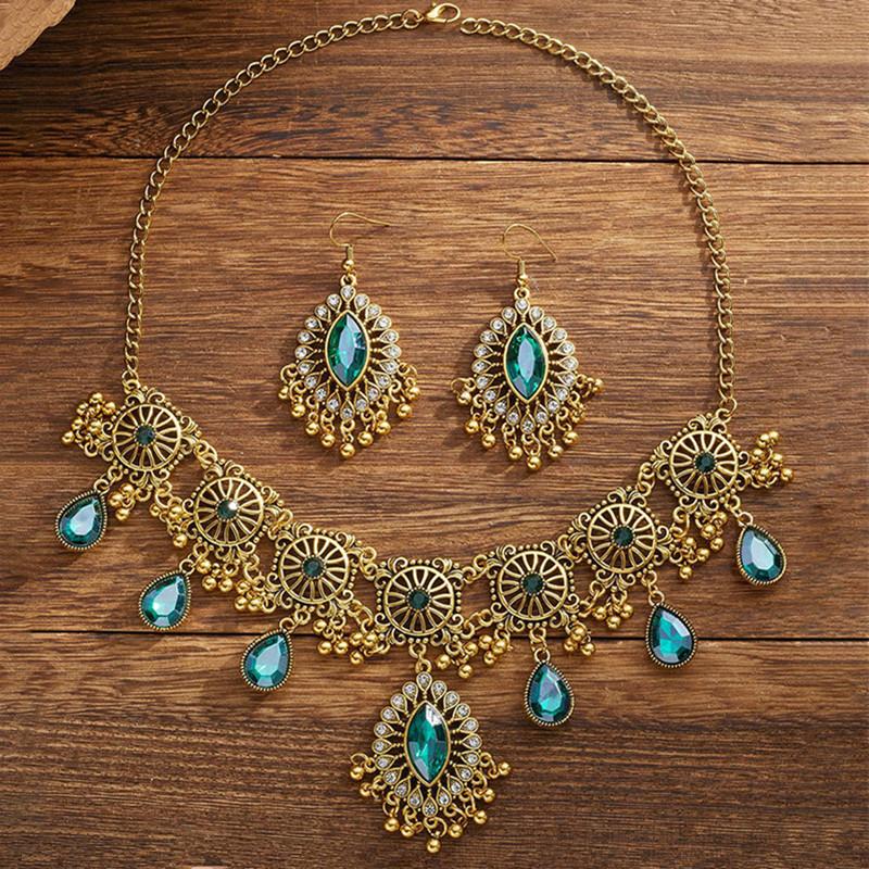 Этнические Винтажные Наборы Ювелирных Изделий с Кристаллами и Камнями, Полые Подвески в Виде Капли Воды, Ожерелье, Серьги для Женщин, Подарок