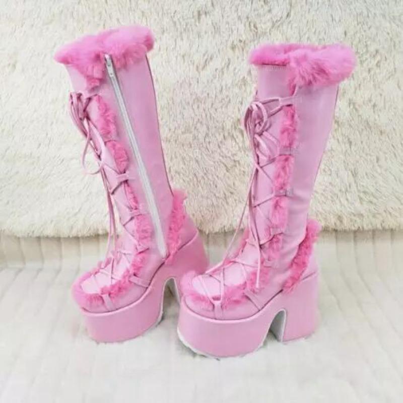 Fashion New Winter Women Snow Boots Platform Wedge High Heel Faux Fur Lady Shoes Female Plush Warm Non-slip Mid Calf Boots Goth Shoes