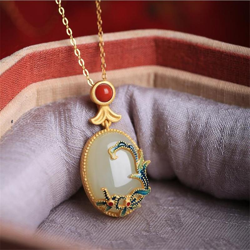 Ethnic Jade Flower Pendant Necklace For Lady Anniversary Top Quality Sterling 925 Silver Chain Choker Accessories Gold Necklaces