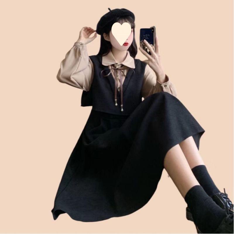 Женское платье в корейском стиле с длинными рукавами, весна/осень, в стиле колледжа, больших размеров, утягивающее талию, образ из двух частей, уменьшающее возраст, длинная юбка с разрезами