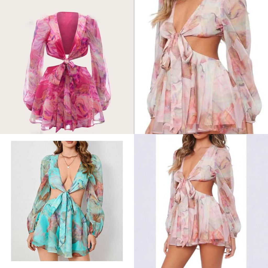 Summer Womens Chiffon Dress With Lantern Sleeves And Geometric Pattern For Casual Wear