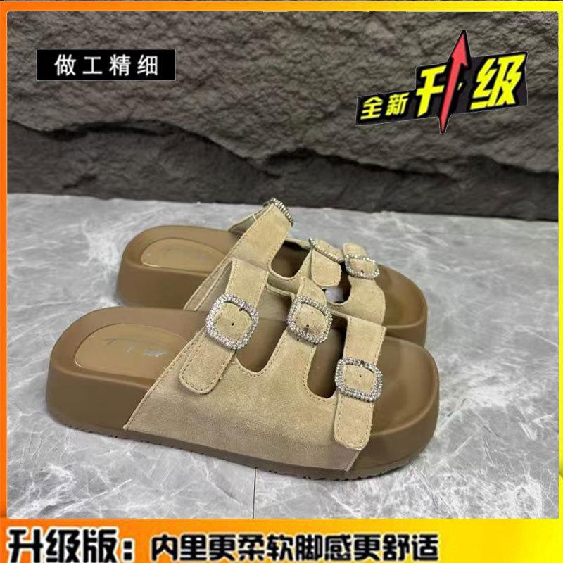 Leather stepping on shit feeling rhinestone belt buckle thick-bottomed beach one-word slippers women's 2025 summer wear one-foot cool slippers