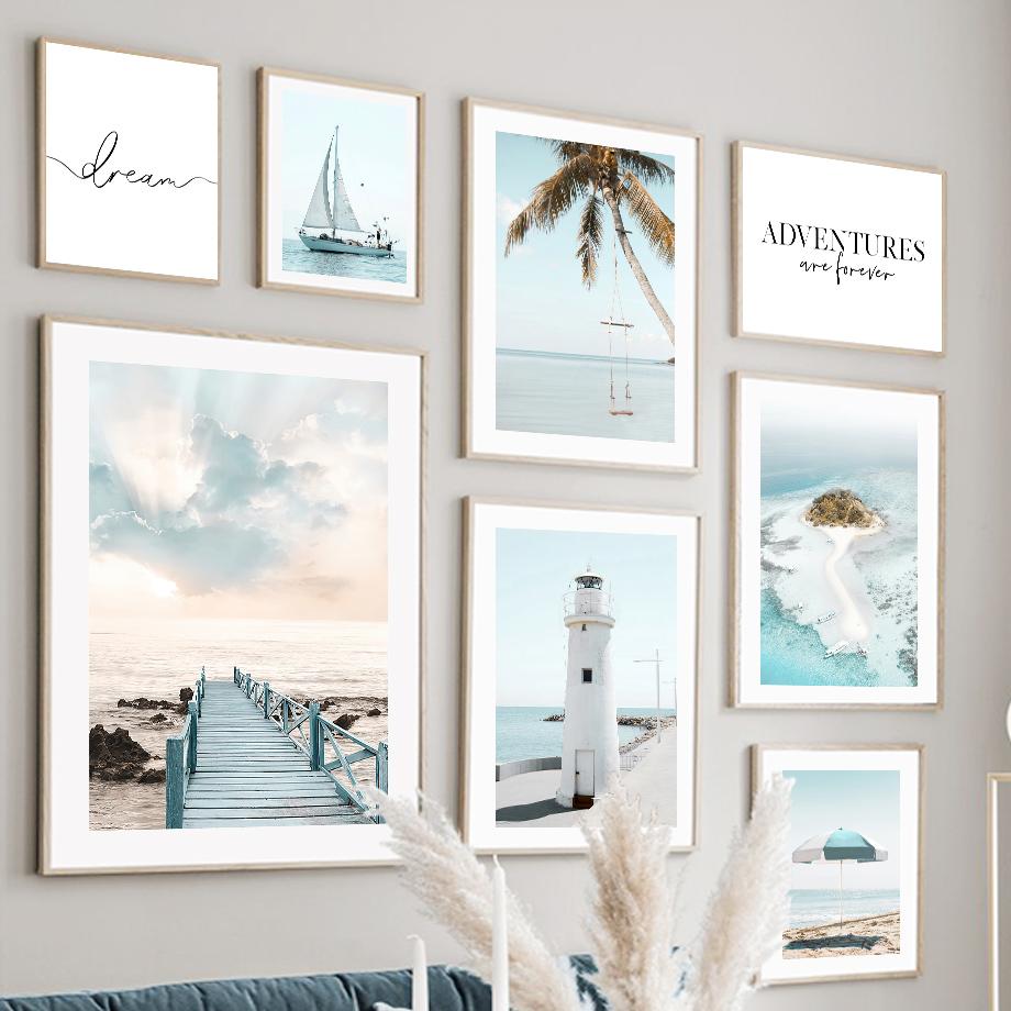 Чайка, маяк, мост, море, пляж, велосипед, настенная живопись на холсте, постеры на скандинавскую тему и принты, настенные панно для декора гостиной