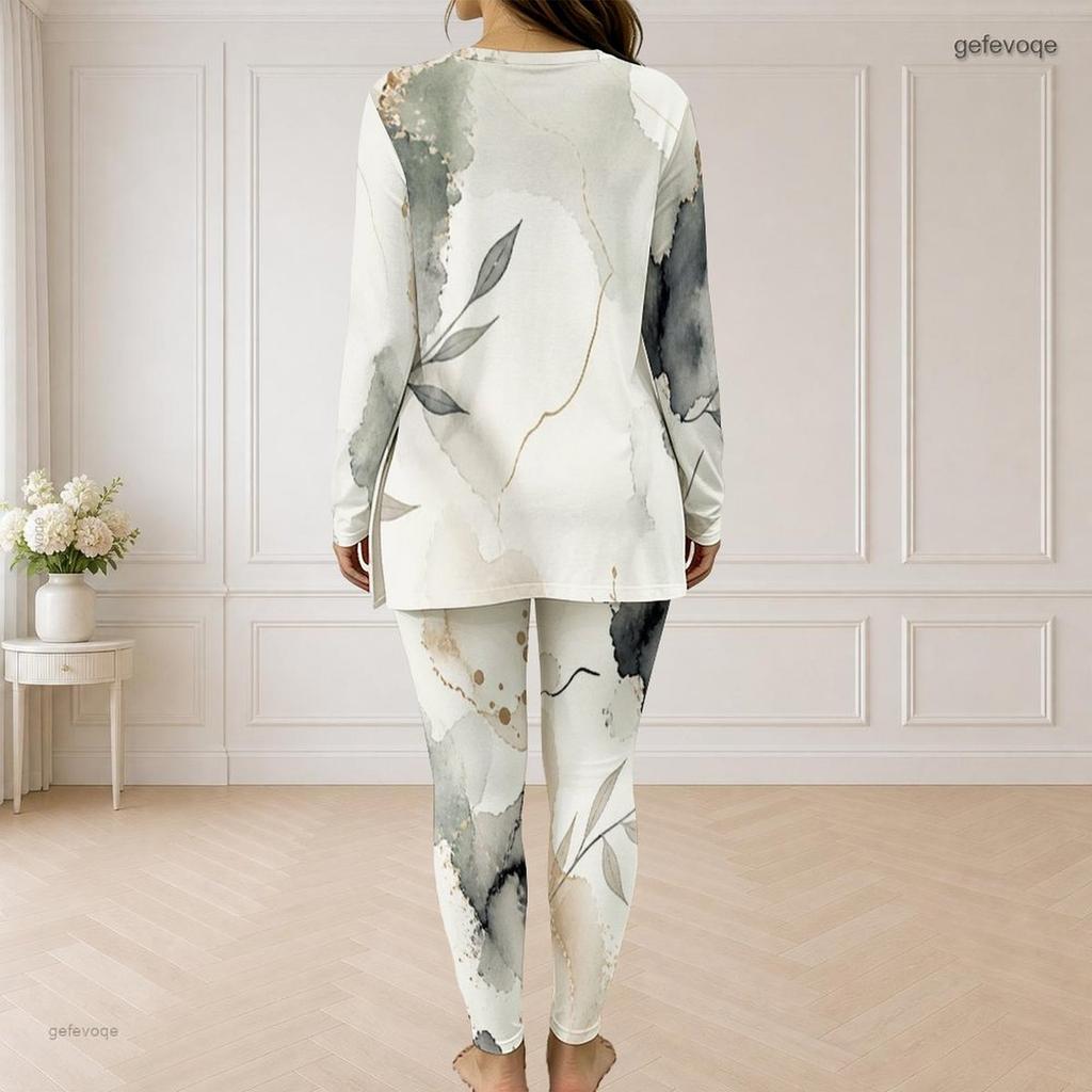Women Plus Size Abstract Printed Front Zip Long Sleeve Longline Top And Fitted Pants Two Piece Set