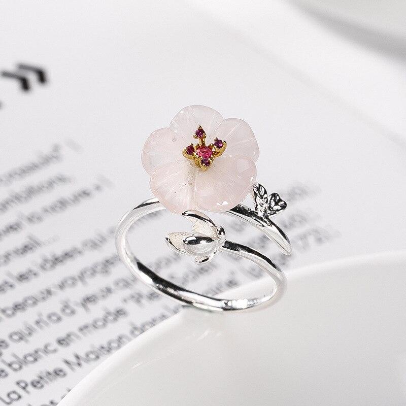 S925 Pure Silver Inlaid Natural Powder Crystal Plum Blossom Fresh and Sweet Women's Opening Ring Ring Wholesale
