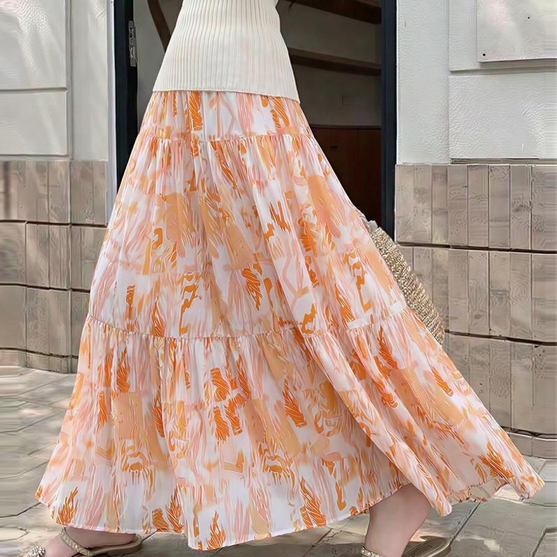 Summer Retro Printing Temperament Medium and Long Loose Big Swing Skirt Women Trendy Warm Orange Abstract Print Tiered Cake Skirt