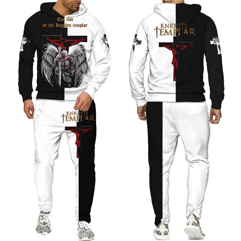 Новейшая толстовка с 3D принтом рыцарей тамплиеров/набор в стиле Харадзюку, уличная одежда в стиле хип-хоп, костюм, крутые мужские толстовки + брюки, спортивный костюм, комплект