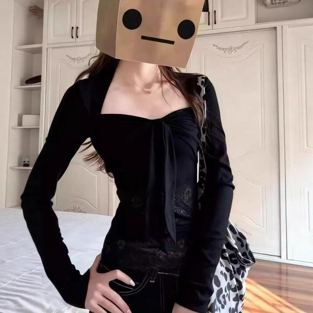 Чистое Желание Кружевная Пэчворк Футболка с Длинным Рукавом - Женская Осенне-Зимняя Нишевый Дизайн Изысканный Топ