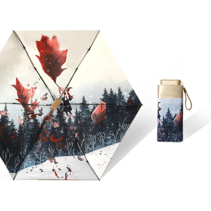 Small Fresh Portable Rain And Sun Anti-UV Umbrella Lady Chic Oil Painting Parasol Sunscreen Protection Mini Five-fold Umbrella