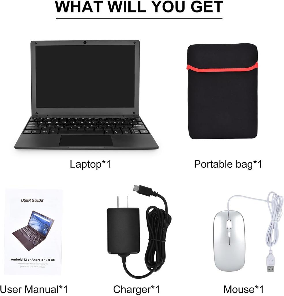 10.1Inch Laptop Quad-Core Processor with Android 12 2GB RAM 64GB ROM Built-in Camera WiFi USB Interface Tpye-C Charging for Learning and Entertainment