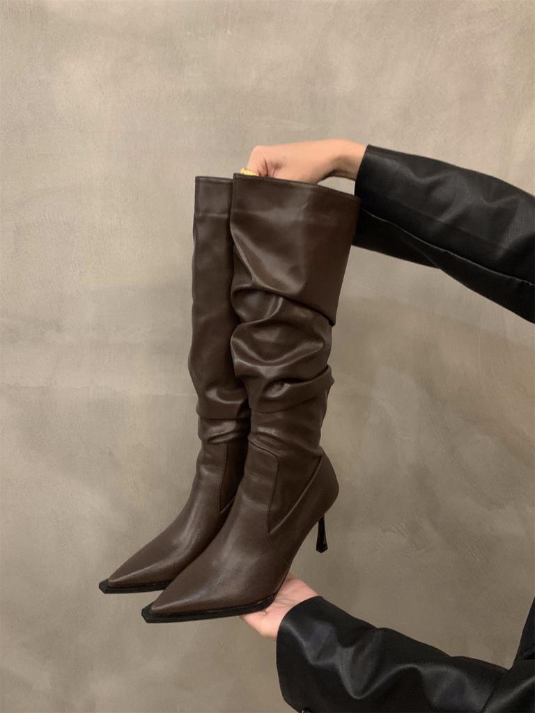 High Heel Pointed Pile Boots Women's Shoes 2024 New Autumn and Winter White Skinny Heel Knight Medium and Long Boots