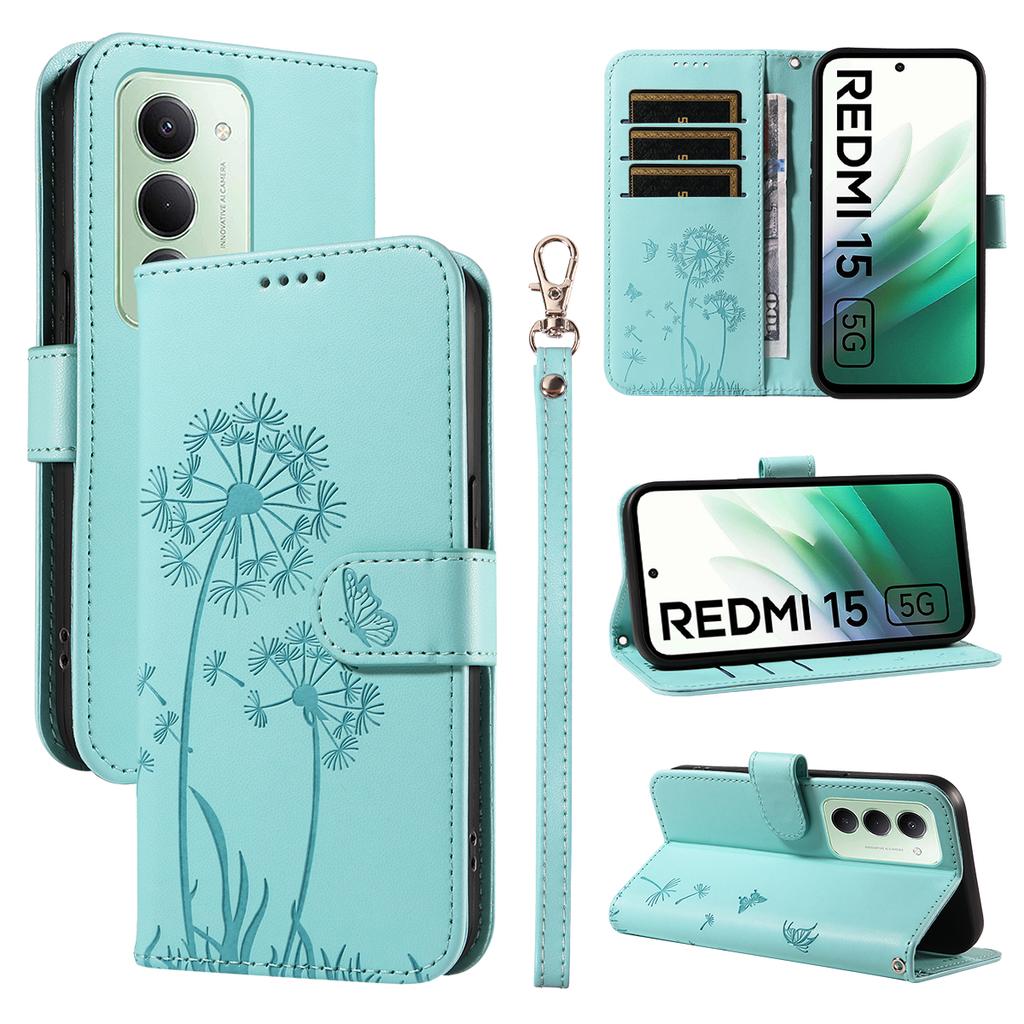 Для Xiaomi Redmi 15 4G (США) (171 мм) Кожаный чехол-кошелек с ремешком, тиснение «Одуванчик», подставка для телефона