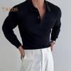 Мужской топ весна-осень с отложным воротником на пуговицах в полоску, трикотажная рубашка с длинными рукавами, однотонная, облегающая, пуловер, повседневная одежда для свиданий