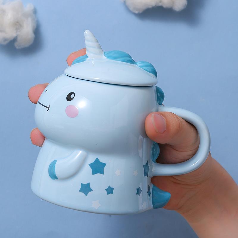 Unicorn Ceramic Water Cup Dinosaur Shaped Mug with Cover Spoon Creative Hand Painted Cartoon Super Cute Super Cute Personality
