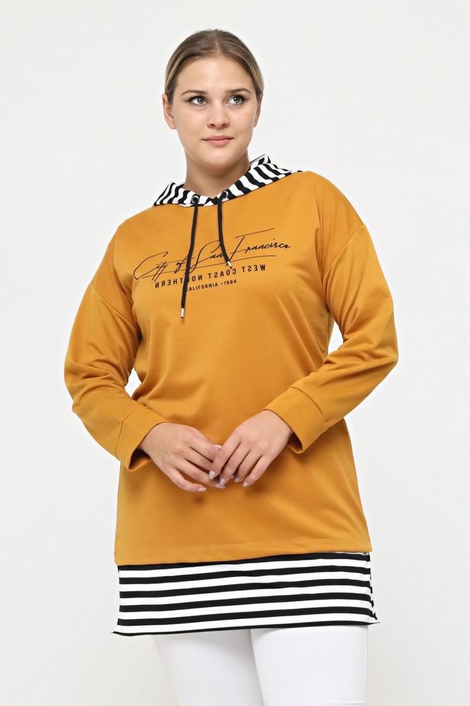 Women's Style Big Size Sweatshirt Large Size 100% Cotton Spring Spring Slit On The Side Comfort Model Stripe Detailed Hooded Sweatshirt