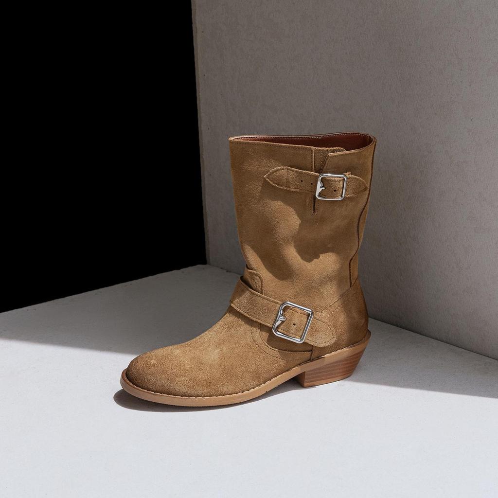 Krazing Pot Осенне-зимняя обувь из коровьей замши и нубука, модные ботинки с круглым носком, сохраняющие тепло, на среднем каблуке, с пряжкой на ремне, с отделкой до середины голени