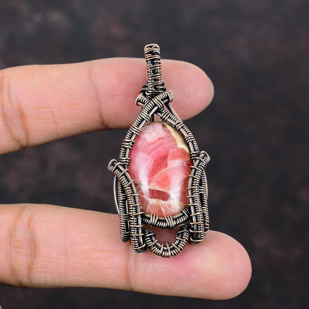 Rhodochrosite Pendant Copper Wire Wrapped Pendant Genuine Gemstone Pendant Handmade Rhodochrosite Jewelry Anniversary Gift Stylish Pendants