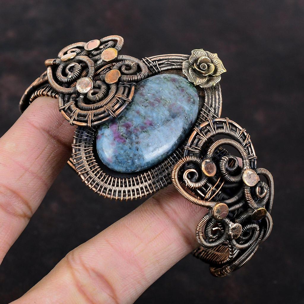 Ruby In Blue Kyanite Bangle Copper Wire Wrapped Cuff Bracelet Handmade Gemstone Jewelry Adjustable Cuff Bracelet Flower Jewelry Gift For Him