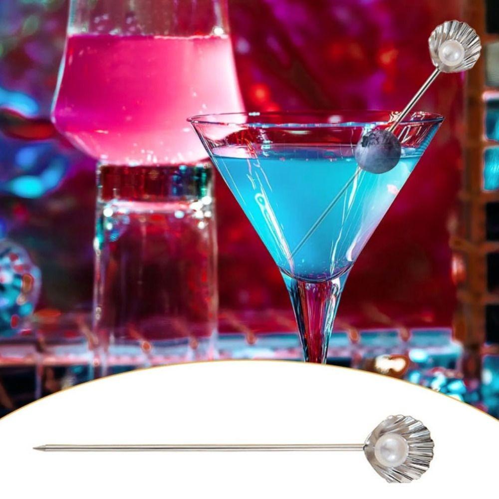 4Pcs 304 Stainless Steel Fruit Stick Shell Pearl Design Wine Needle Cocktail Pick Bar