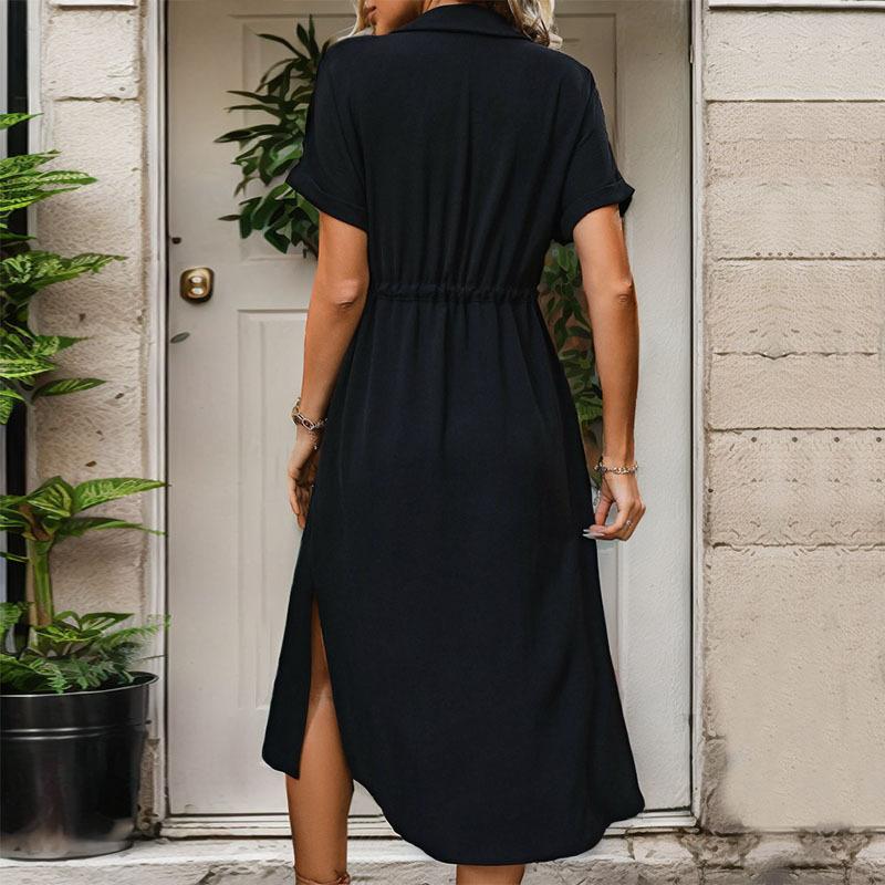 Women's Fashion Summer Spring Solid Color Print Short Sleeve POLO Neck Middle Waistline Casual Dresses