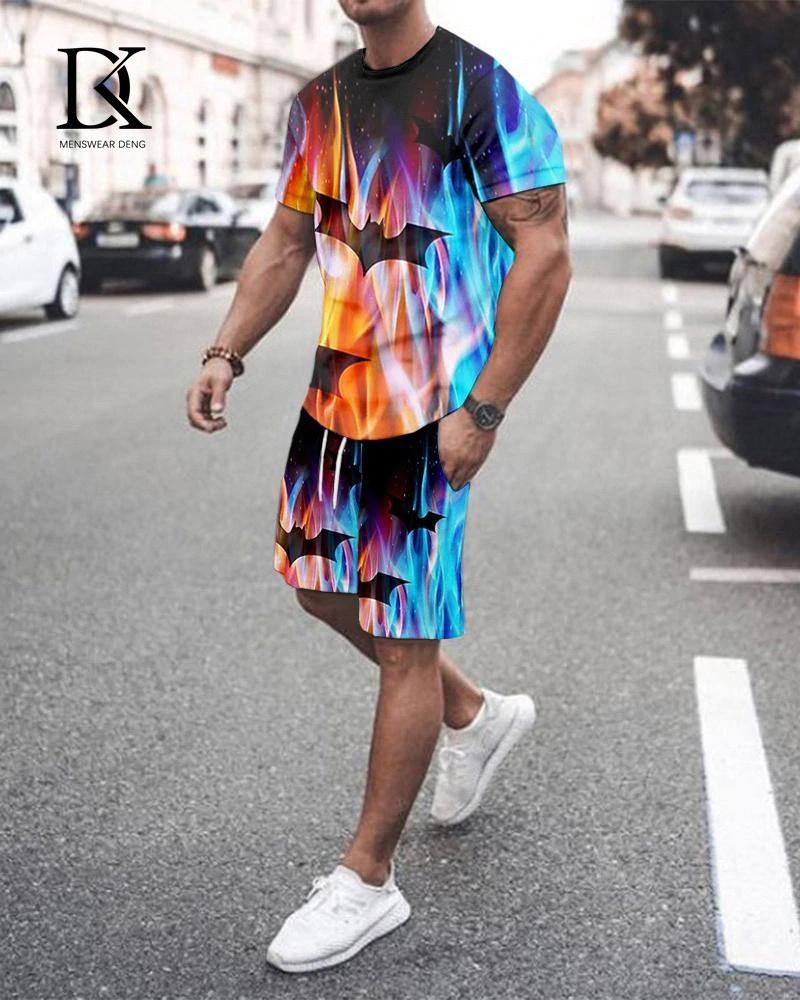 Летний мужской комплект футболок, черно-белый сетчатый 3D-принт, одежда большого размера, трендовый мужской спортивный костюм, футболка для фитнеса, шорты, комплект одежды