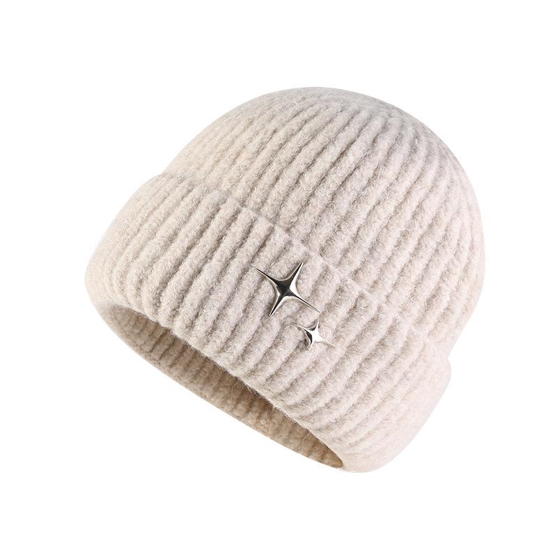 Women's Autumn and Winter Wool Hat Big Head Circumference Versatile Warm Ear Protection Cold Hat Showing Face Small Stars Decorative Knitted Hat Men