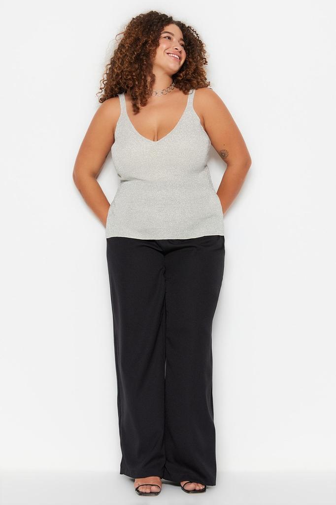 Women's Style Plus Size Gray Strappy Fine Knitted Glitter Blouse