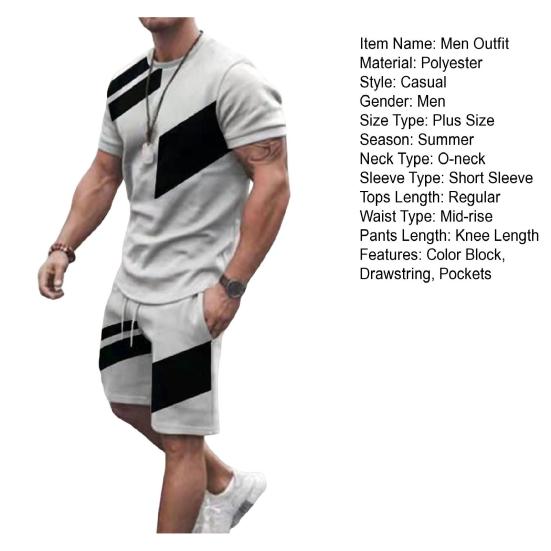 Мужской летний наряд из 2 шт./компл., футболка с круглым вырезом и коротким рукавом, эластичный шнурок на талии, шорты с карманами, комплект, спортивный костюм цветных блоков