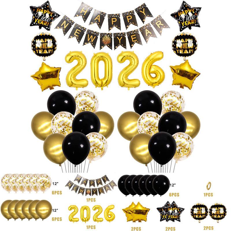 Balloon New Year Black Gold Letter Balloon Set, New Year Happynewyear Party Decorations