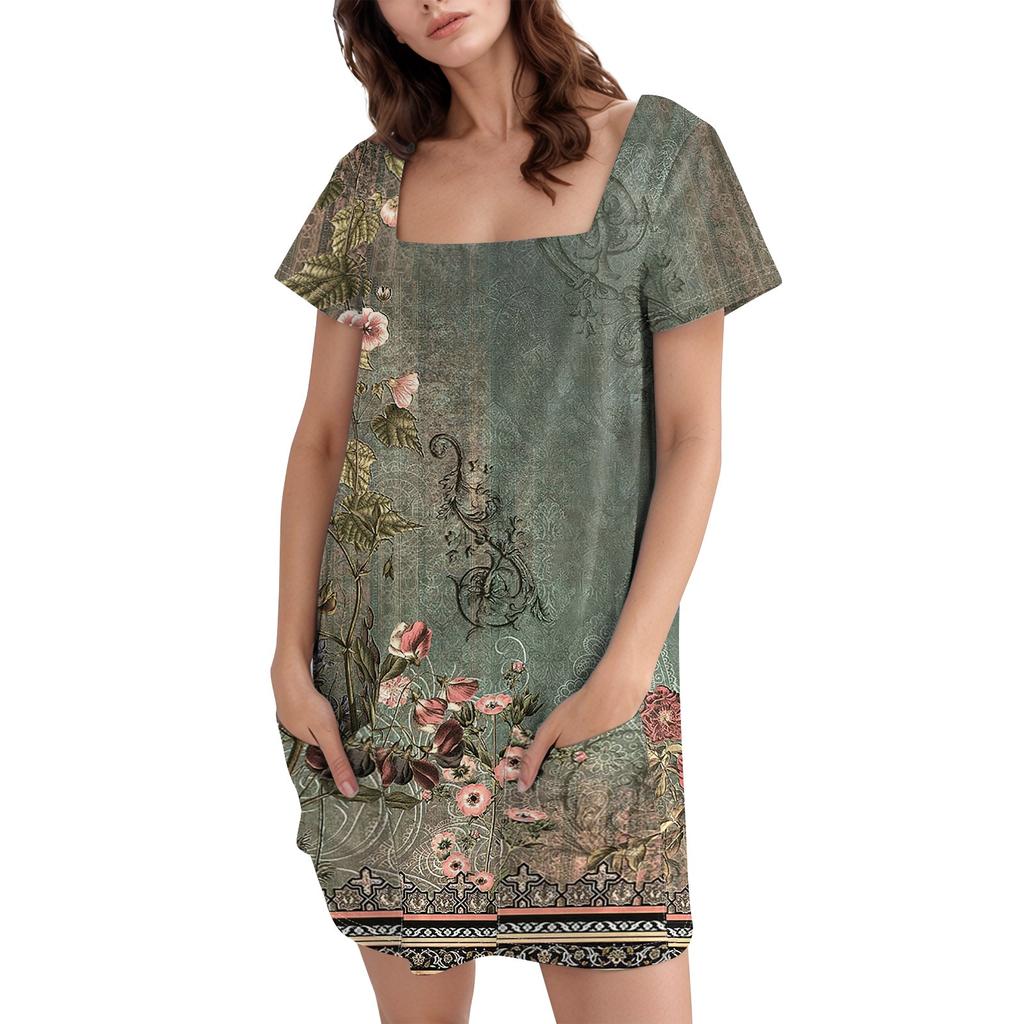 Женское модное повседневное платье с квадратным вырезом и коротким рукавом