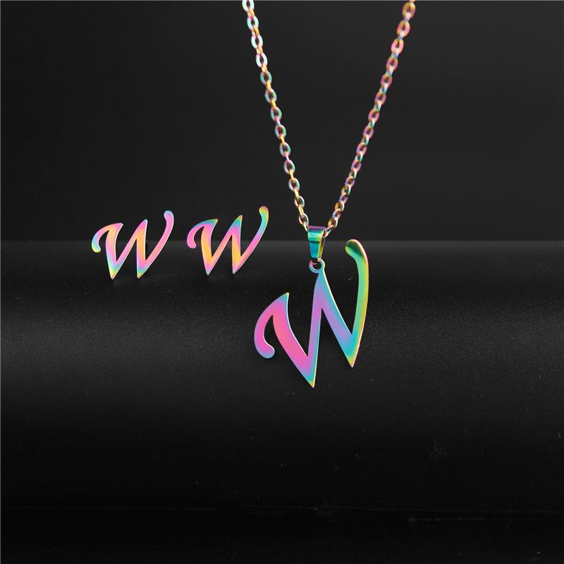 RUI RUI YU 26 Letter Colorful Stainless Steel Jewelry Sets for Women Men Alphabet Initial Chain Pendant Necklace Earrings Kids Gift
