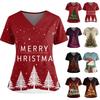 Women's Christmas Printed V-Neck Double Pocket Short Sleeves Hem Slit  Uniform Caregiver Top