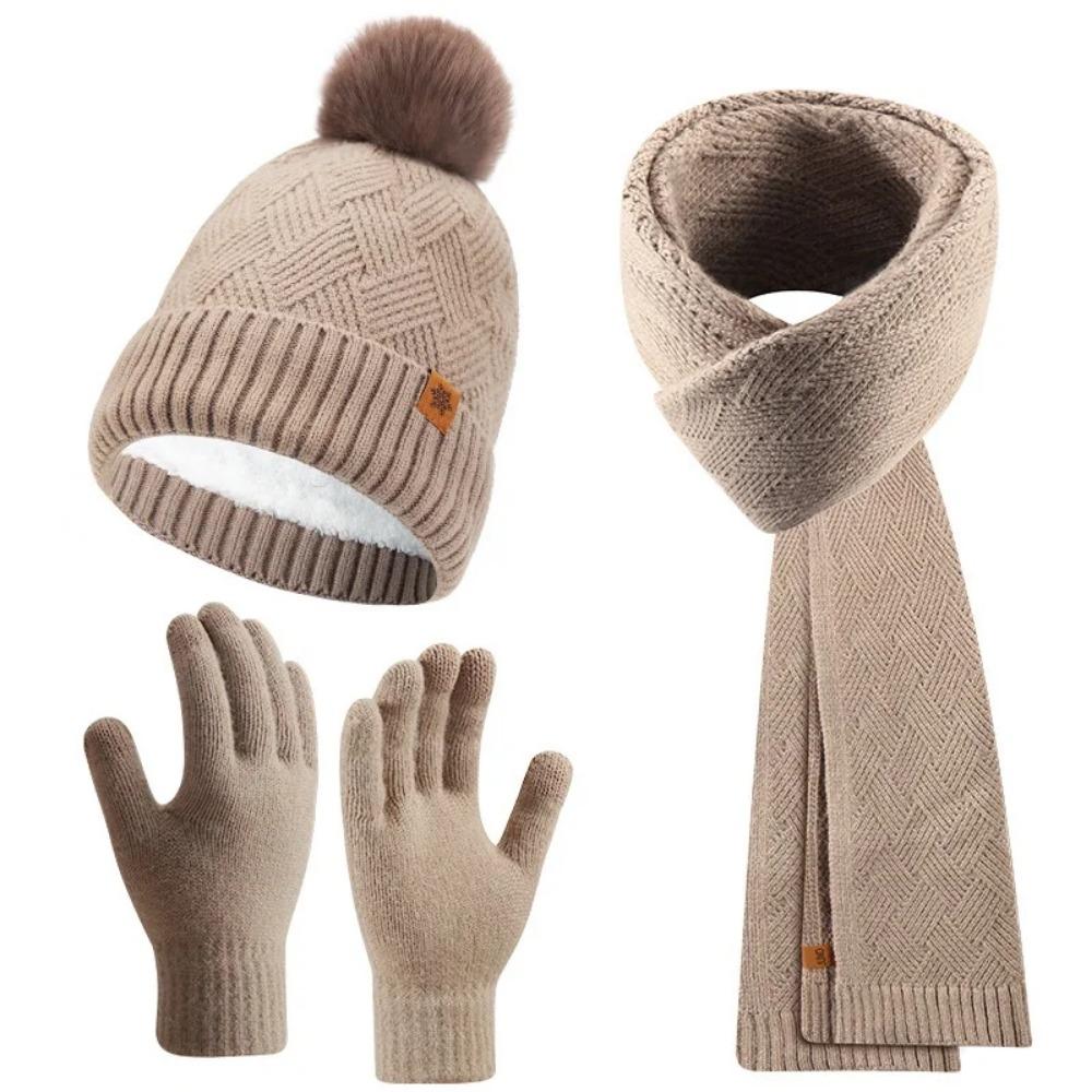 3pcs Wool Hat Scarf Gloves Set Solid Color Winter Beanie Hat Neck Warmer Thermal Knit Cap Winter