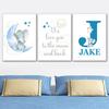 Blue Gray Elephant Moon Stars Nursery Wall Art Custom Boy Name Canvas Painting Poster And Print Baby Shower Gift Kids Room Decor