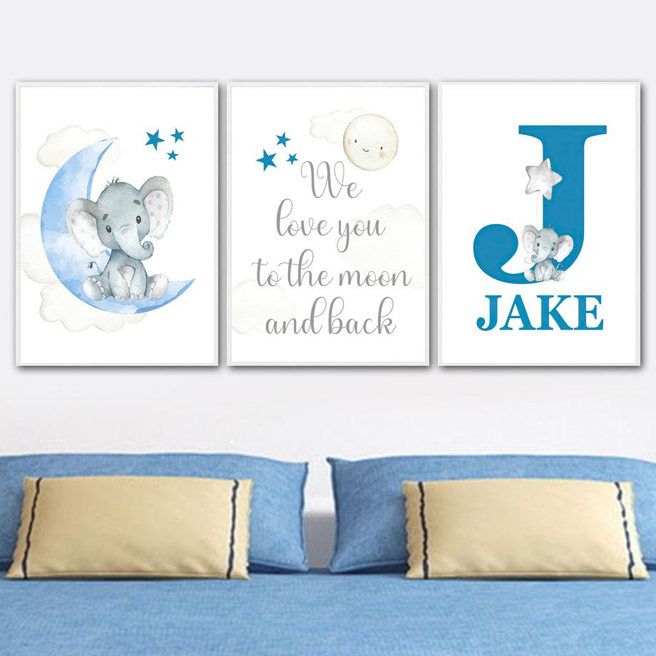 Blue Gray Elephant Moon Stars Nursery Wall Art Custom Boy Name Canvas Painting Poster And Print Baby Shower Gift Kids Room Decor