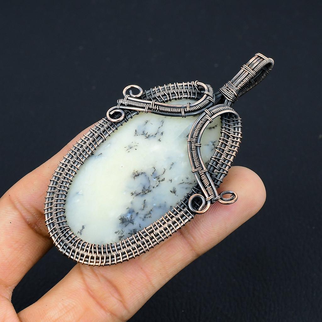 Natural Dendrite Opal Gemstone Handmade Copper Wire Wrap Pendant 3.54" E6J59