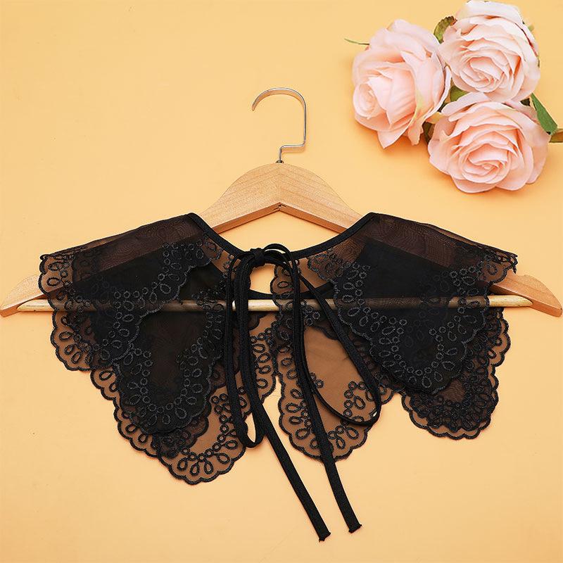 Women's Faux Collar: Versatile Double-Layered Embroidered Shawl with Bow Tie and Lace Detailing.