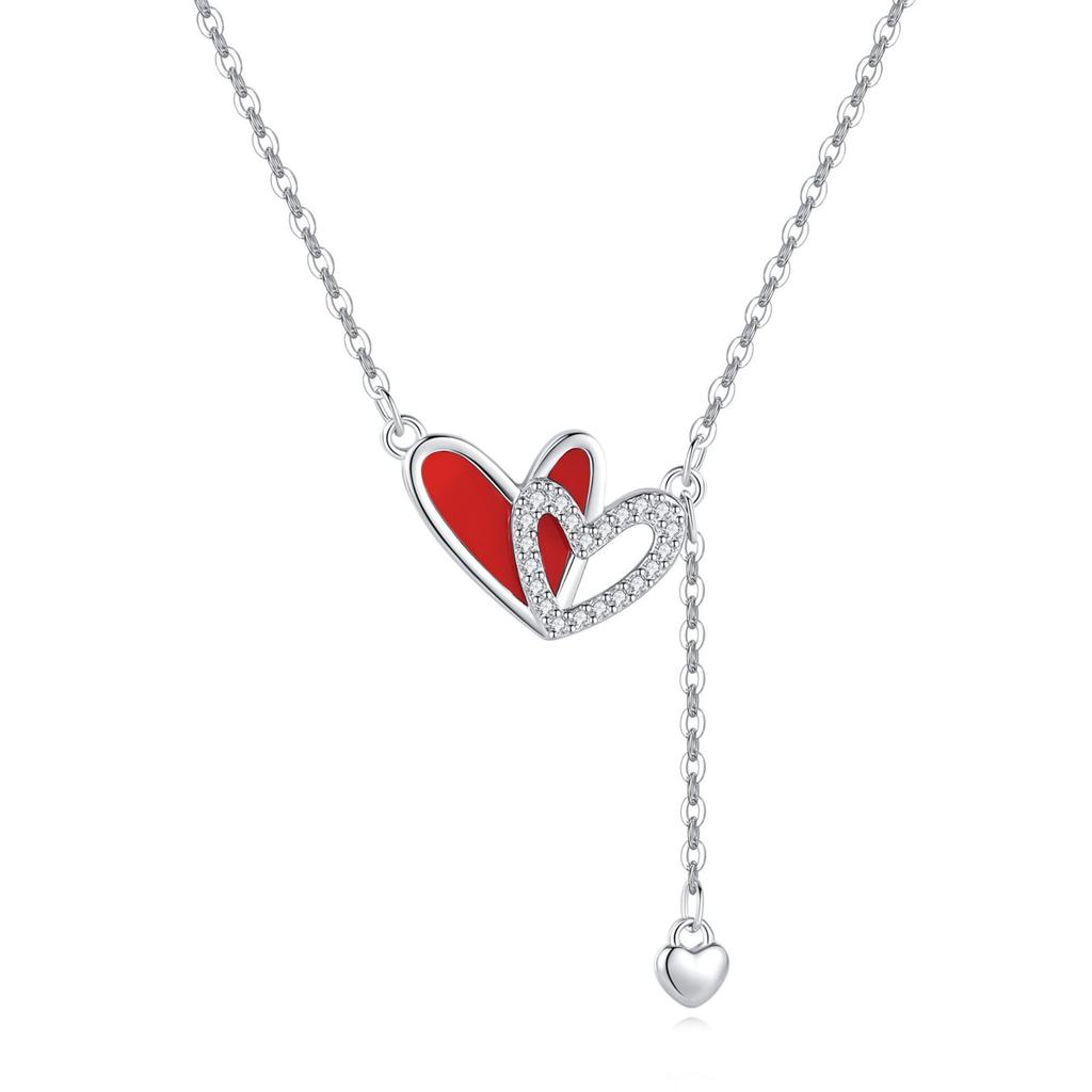 S925 Sterling Silver Women's Trendy Heart Pendant Necklace Red Agate Tassels Electroplated Perfect Fall/Winter Sweater Chain