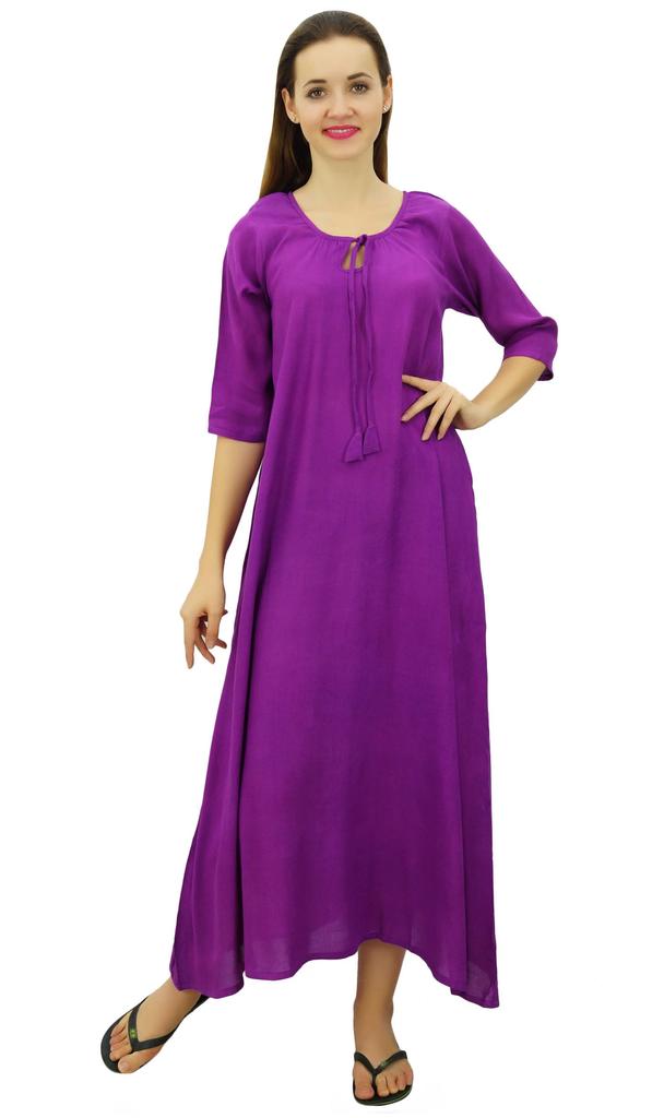 Bimba Women Rayon Purple Night Gown 3 4 Sleeve Long Maxi Night Dress