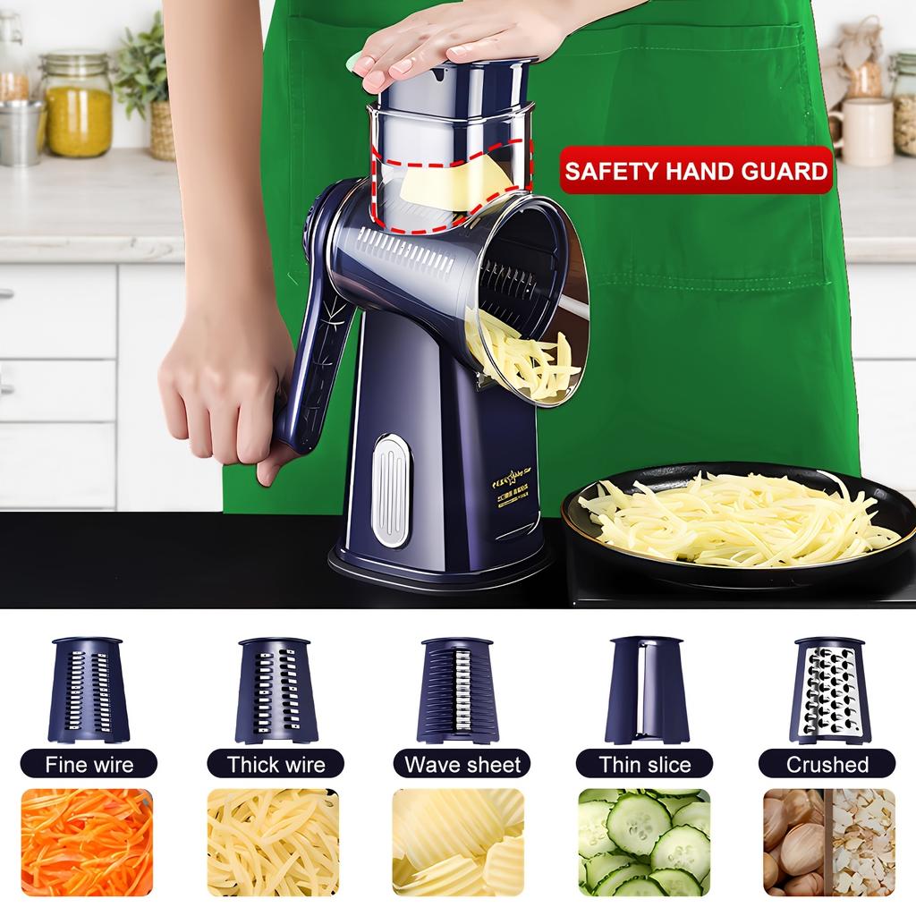5-in-1 Stainless Steel Vegetable Slicer & Shredder with Strong Suction Cup Base - Includes Cheese Grater, Easy To Use & Store, Ideal Kitchen Gift