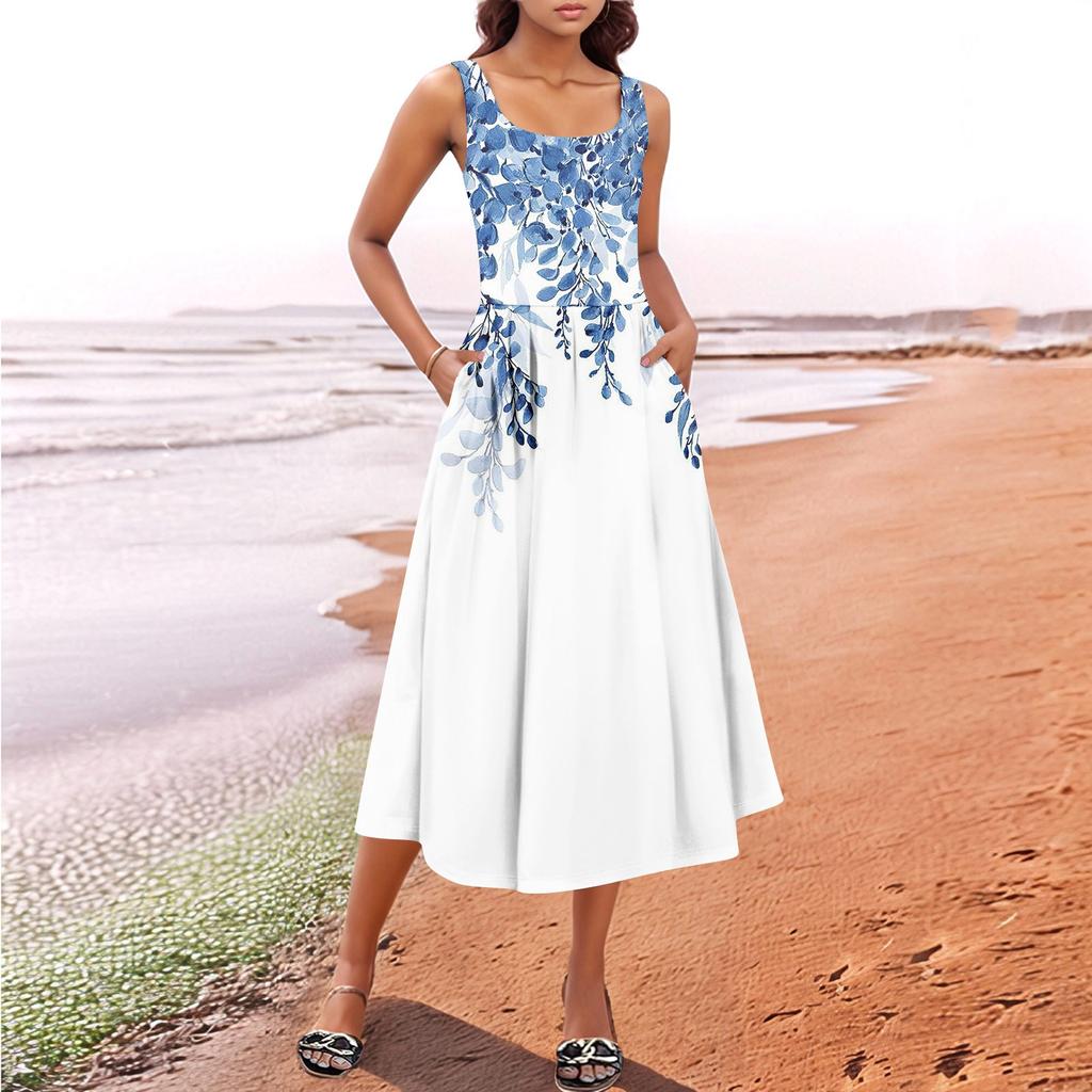 Women's  Summer Spring Casual Floral Sundress Sleeveless Beach Vacation Flowy Boho Tank Midi Dresses