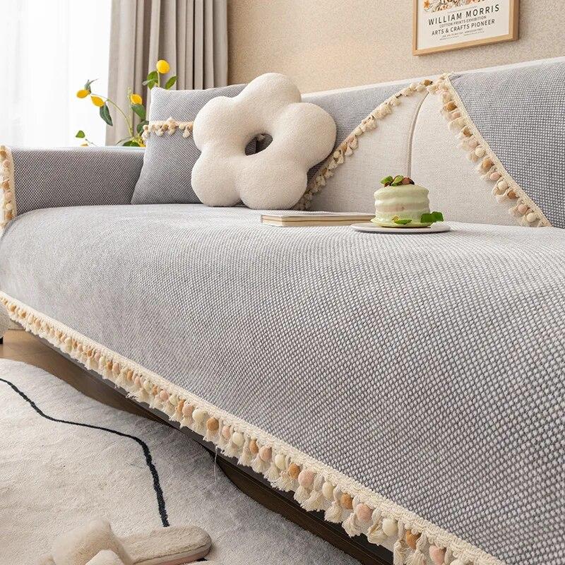 Solid Tassel Ball Sofa Cushion Four Seasons Universal Winter Thicken Chenille Anti Slip Modern Cushion