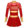 Kids Girls Cheerleading Dance Dress Letter Pattern Shiny Metallic Long Sleeve Pleated Dress