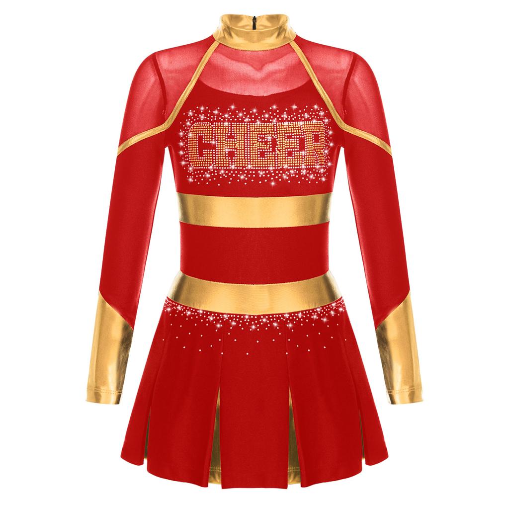 Kids Girls Cheerleading Dance Dress Letter Pattern Shiny Metallic Long Sleeve Pleated Dress