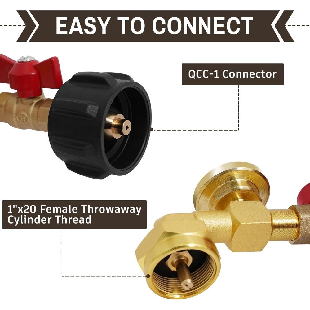 Propane filling adapter for 1-pound propane tanks, QCC1 propane adapter, 20-pound to 1-pound converter with pressure gauge valve.