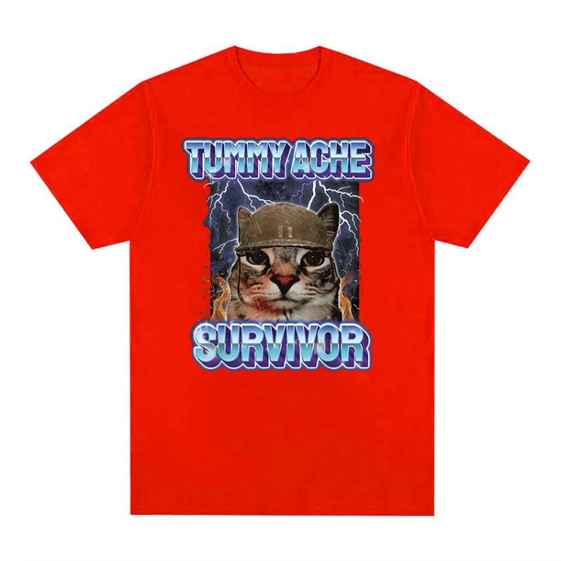 Vintage Tummy Ache Survivor Funny Cat Meme Tee Shirt Unisex Women Clothing Fashion Short Sleeve Tshirt Casual Pure Cotton T Shirts