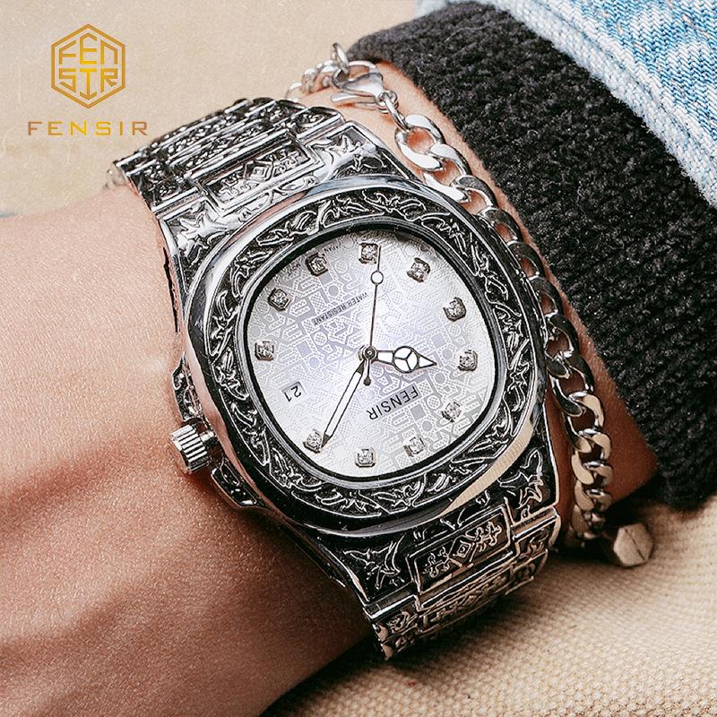 Весна 2025 Новые Мужские Роскошные Деловые Наручные часы из нержавеющей стали Винтажные Часы с кварцевым механизмом с резными узорами для мужчин Relogio