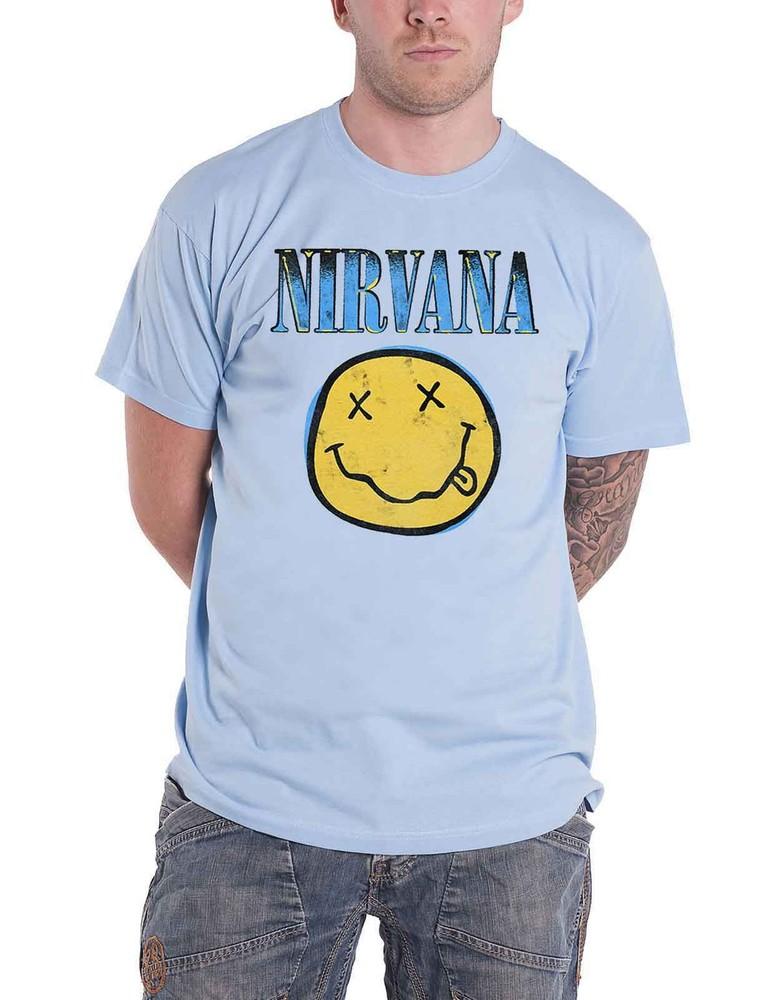 Nirvana T-shirt Smile Blue Band Logo new Official Mens Light Blue