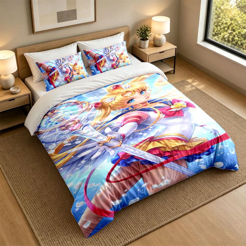 3Pcs Bedding SetSailor Moon Soft Bed Sheet and Two Pillowcases Home Bedroom Decor